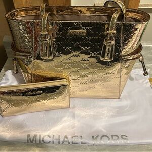 Michael Kors Shiny Gold Voyager Tote and Wallet